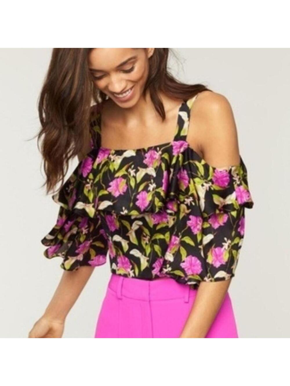 Milly Black Pink Floral Off the Shoulder Ruffled Blouse 3/4 Sleeves Size 4